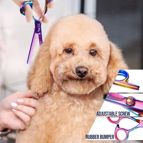 Gimars Dog Grooming Scissors Kit Professional 4CR with Safety Round Tip, 5 in 1 Heavy Duty Titanium Coated Thinning & Curved & Straight Shears - style: Purple 5 in 1