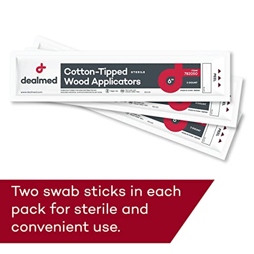 Dealmed 6 in Sterile Cotton-Tipped Applicators - 200 Count | 100% Pure Cotton Tips, Wooden Shafts, Individually Pouched 2 Per Pack, 100 Pouches Per Box, Skin Cleaning, Arts & Crafts - size: 6" Sterile (Box of 200)