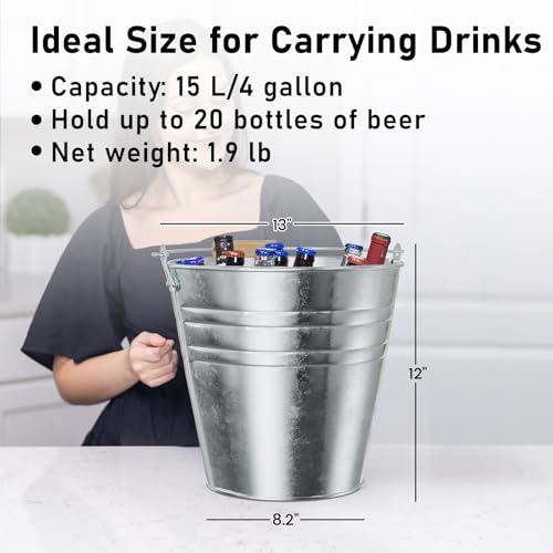 DUNCHATY 4 Gallon Galvanized Ice Bucket 4 Pack - Large Metal Beverage Tub with Wood Handles for Parties, Weddings, Beer, Wine & Champagne - 13" x 13" x 12" Rustproof Cooler - color: Ice-buckets 4P