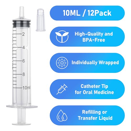 12Pack 10mL Syringes without Needle - Individually Wrapped, with Cap for Liquid, Measuring, Ink Refilling, Oil, Liquids Glue Applicator - style: 10ML