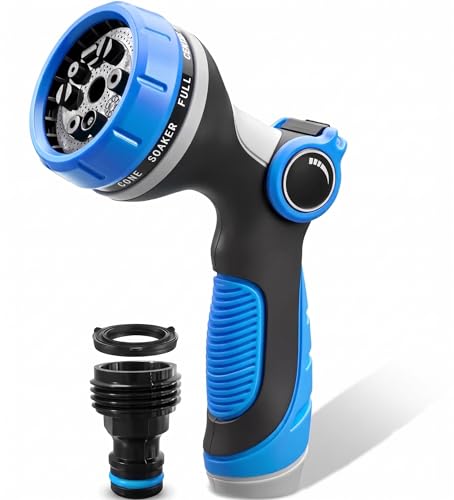 Garden Hose Nozzle Thumb Control with 10 Spray Patterns Water Hose Sprayer | Leak Proof On Off Valve Water Hose Nozzle Sprayer,One Hand Operation,Non-Slip Grip for Plants & Lawn Watering,Car&Pet Washing - color: Blue