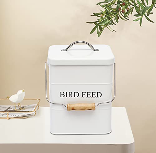 Morezi Bird Seed Storage Container Metal, 6 Lbs Airtight Bird Food Tin | Outdor Wild Bird Seed Container Canister w/ Scoop/Wooden Handle , Sturdy and Squirrel-proof, Keep Sunflower Seed Fresh - color: White