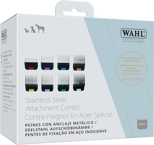 Wahl Pro Animal Stainless Steel Attachment Comb Set, Multicolor 1 | 8 Cutting Lengths, Color-Coded Dog and Cat Clipper Guides, Animal Grooming Essentials, Snag-Free Cutting - color: Multicolor 1