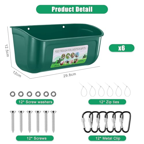 Chicken Feeder Waterer, 6 Pack Duck Feeder Supplies, Hanging Fence Feed Trough with Clips for Goat, Sheeple, Piglet, Gooses, Turkeys, Dog Livestock Poultry,Green - color: 6 pack Green