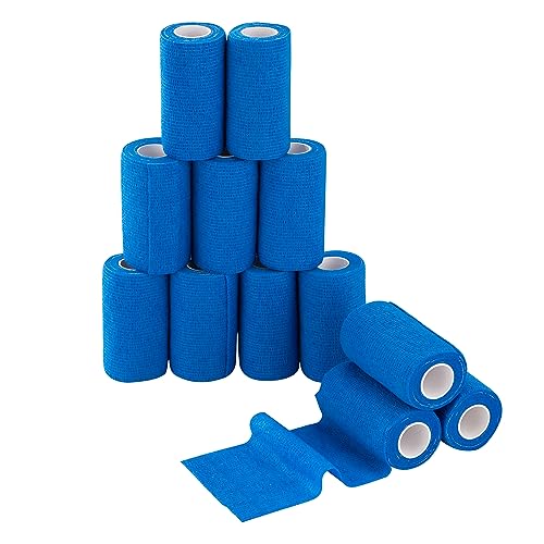 Adhesive Bandage Wrap 12 Pack Vet Wrap 4 inches x 5 Yards, Self Adhesive Cohesive Bandage Tape for Wrist & Ankle Protection (Blue) - color: Blue