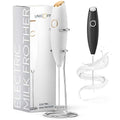 Milk Frother White - Coffee Frother Handheld with Electric Whisk - 19000 rpm - Book Recipes and Stainless Steel Stand Included - Hand Mixer Electric (White and Gold) | Battery 19000 RPM whisk, stainless steel stand & recipe book, lattes, cappuccino, match