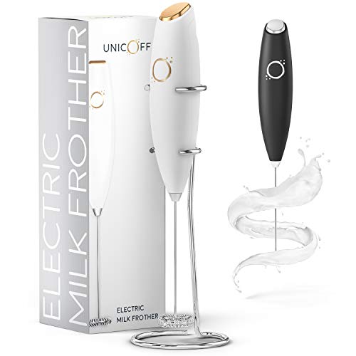 Milk Frother White - Coffee Frother Handheld with Electric Whisk - 19000 rpm - Book Recipes and Stainless Steel Stand Included - Hand Mixer Electric (White and Gold) | Battery 19000 RPM whisk, stainless steel stand & recipe book, lattes, cappuccino, match