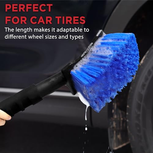 TAKAVU 17.5in Tire Brush, Stiff Bristle Long Handle, Heavy Duty (Blue) | Scrubs Sidewalls, Brake Dust & Wheel Wells on Cars, Trucks, RVs & Mats - color: Blue