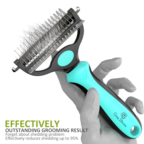 Spring Blossoms-2 in 1 Professional Grooming Rake for Cats & Dogs-Dematting Comb for Easy Mats & Tangles Removing,Pet Brush Safe No More Nasty Shedding and Flying Hair (Cyan) - color: Cyan