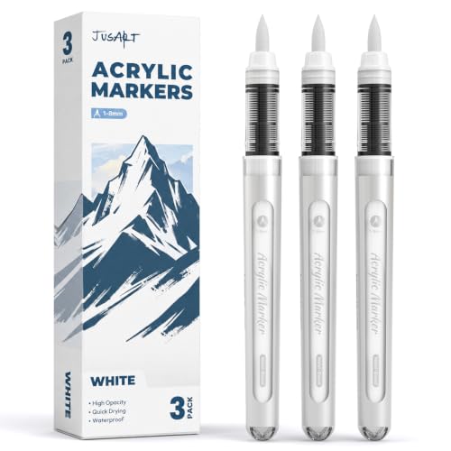JusArt 3 White Acrylic Paint Markers Brush Tip, Automatic Ink Control | Water-Based White Paint Pen, School Classroom Use, Waterproof Acrylic Pens for DIY Art & Crafts -Fabric, Wood, Rock, Plastic - color: White