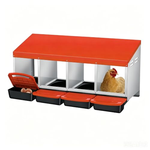 Galvanized Steel Chicken Nesting Box 4 Compartment with Pull Out Tray, Roll Away Nest Boxes for Laying Hens Egg Collection, Wall Mount Poultry Nest Box for Coop with Handle, Orange - color: Orange, size: 4 Compartments