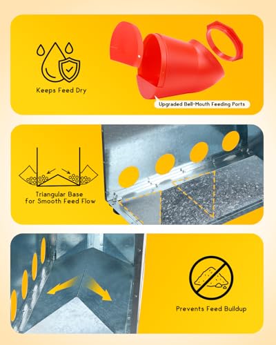 Magicfly 85 lbs Chicken Feeder No Waste, Large Metal Chicken Feeder Box | 12 Bell-Mouth Feeding Port, Grit & Oyster Shell Trough, Chick Feeder on Wheels for Chickens, Ducks - size: 85 lb