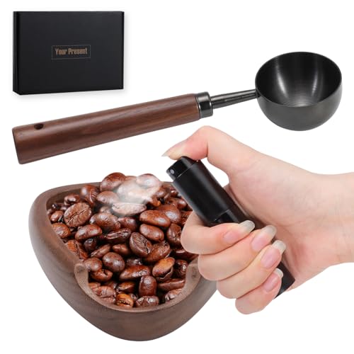3pcs Coffee Bean Dosing Cup Set, Walnut Wood Cup Dosing Spoon Spray Bottle | Coffee Bean Dosing Cup Set in Gift Box, Static Reduction Precise Measuring for Espresso Tea Coffee Bar Accessories Kit - color: Black and Brown
