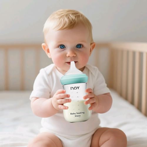 yanyoyo Natural Glass Baby Bottle for Breastfeeding Babies, 8oz Anti-Colic Baby Bottle with Natural Response Nipple(M), Clear, Wide Neck, 2 Pack, 3 Months+ - color: Yellow, size: 8 Ounce (Pack of 2)