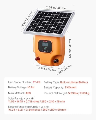 VEVOR Solar Fence Charger, 1J 10 kV Solar Powered Fence Charger, 1.86 Miles Range, Electric Fence Energizer Kit, Keep Out Predators, 3 Days Runtime, for Livestock, Poultry, Garden Protection - size: 1J
