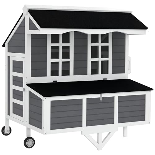 PawHut 43" Chicken Coop with Wheels, Nesting Box for 2-4 Hens, Rabbits Gray | Mobile Chicken House, Windows, Pull-out Tray, Perches, Wooden Poultry Tractor, Backyard, Patio