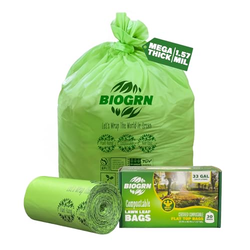 30-33 Gallon Compostable Trash Bags Flat-Top 30 Bags Heavy Duty1.57 Mil, 124.92 Liter Large Lawn and Yard Waste Bag green for Outdoor Garden ASTM D6400, US BPI and OK Compost Home Certified - color: 33 Gallon Flat Top, 30 Count