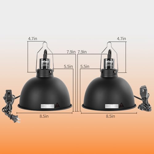 8.5 Inch Reptile Light Fixture with Dimming/Separate Switches, 2 Packs Deep Dome Lamp Cap Reflector Cover, UVB Light Heat Lamp Fixture for Reptile Glass Terrariums, Max 150W Black