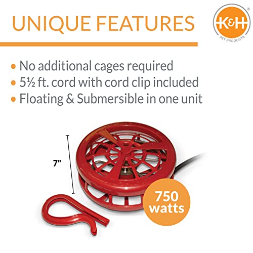 K&H Pet Products Stock Tank & Pond Heater,Ultimate Stock Tank Deicer w/ Cord Clip,Water Trough Heater for Horses,Cattle and Livestock,Full Cage,Floating, Submersible,Safety Listed-Red 750W (Pack of 6) - size: 750 Watts (Pack of 6)