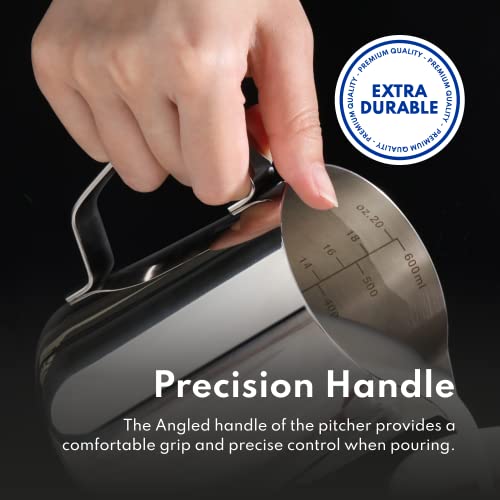 New Star Foodservice Stainless Steel Frothing Pitcher, 20 oz Espresso Milk Steaming Cup with Measurement Scale, Commercial Grade 18/8 Barista Pitcher for Lattes, Cappuccinos, Coffee, Silver - size: 20.3 Ounces