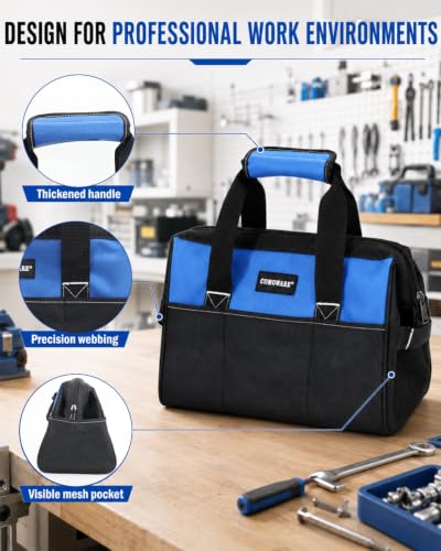 COMOWARE 13-Inch Tool Bag, Zip-top Wide Mouth Open top Tool Bag, Large Capacity Tool Organizer with Inside Pockets, Blue Tool Tote Bag for Carpenter, Mechanic and Home Repair - color: Blue