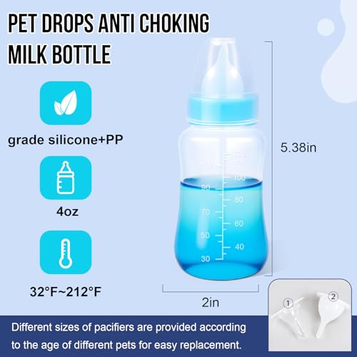 ASEVAT 4 oz 3PackPet Feeding Bottle, Anti-Choking Puppy Feeder Design,with 3pcs Replaceable and Reusable Silicone Nipples for Feeding Puppies, Kittens, Small Animals - color: Blue-3Pack