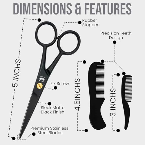 Beard & Mustache Scissors –5" Stainless Steel Grooming Kit with Case | Professional facial hair & beard trimming shear. Trims moustache, nose & eyebrows. Includes 2 mustache combs & travel pouch. - color: Black