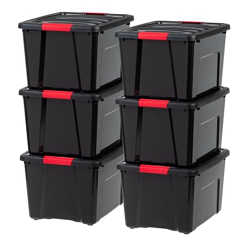 IRIS USA 6-Pack 40 Quart Storage Bins with Lids, Black | Black finish conceals stored items. Perfect for moving, blankets, clothing, and garage storage. Nestable design saves space - size: 40 Qt, style: 6 Pack