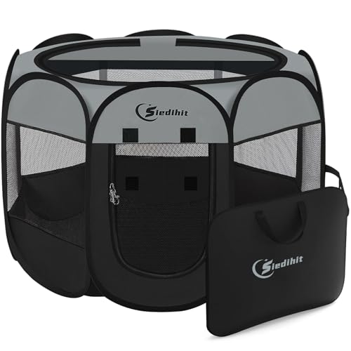 Siedihit Dark Grey Dog Cat Playpen, Puppy Pet Playpen, Small Dogs Tent | Crates Cage Indoor/Outdoor, Portable Pop Up Dog Kennel Playpen with Carrying Case for Dogs/Cats/Rabbits - color: Dark Grey