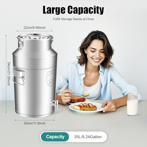 9.2 Gallon Milk Can with Spout, 35L Milk Container Stainless Steel Bucket with Locking Sealed Lid, Airtight Food Storage Container for Home, Farm, Commercial Kitchen (9.2 Gallon/35L) - size: 9.2 Gallon/35L