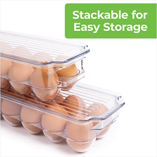 Greenco Refrigerator Organizer Bins for Eggs - Eggs Container for Refrigerator - 14 Egg Organizer Container with Lid & Durable Handle - Stackable Plastic Egg Holder for Refrigerator - Clear, Set of 2