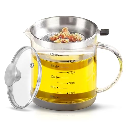 34oz Glass Oil Strainer Container with Fine Mesh Strainer for Bacon Grease, Nut Milk, Soy Milk, Tea Residues and All Purpose Straining (1L)