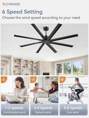 ZMISHIBO 72 Inch Ceiling Fan without Light, 8 Aluminum Reversible Blades | Industrial-Grade, DC Motor, Damp Rated, 6 Speeds, Remote Control, 3 Downrods, Flat/Sloped Ceiling, Living Room, Patio, Gym - color: Black, size: 72inch