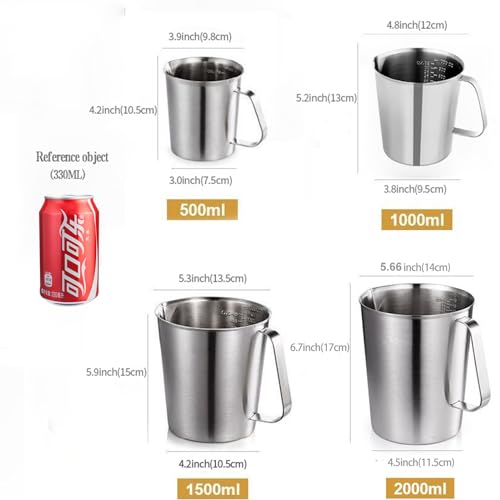 48Oz/6Cup Stainless Steel Pitcher (SUS304), 1.50 Liter Metal Container for Water, Milk, Liquid with Handle with Engraved Markings, Silver | SUS304 Metal Measuring Cup with Precision Engraved Markings, Mixing Pitcher for Baking, Frothing, Coffee, Milk and