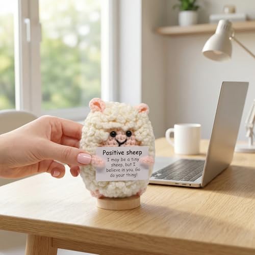 Handmade Crochet Sheep Figurine Desk Decor Encouragement Gift Her | Sheep Holds Positive Message Card In Hands. Soft Acrylic Yarn. Birthday Going Away Surprise