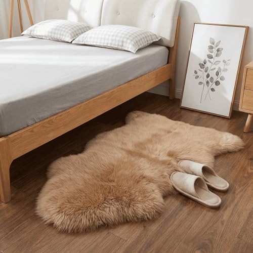 AOGELAN Shaggy Fur Area Rug, Genuine New Zealand Sheepskin Rug, Soft Fur Prayer Pup Carpet Mat, Single Pelt 2ft x 3ft Light Brown | Natural Fluffy Fuzzy Sheepskin Fur Area Rug,Chair Sofa Seat Cover,Living Room,Bedroom,Pets Dogs Mat,Pray Pup Mat,Yoga Mat -