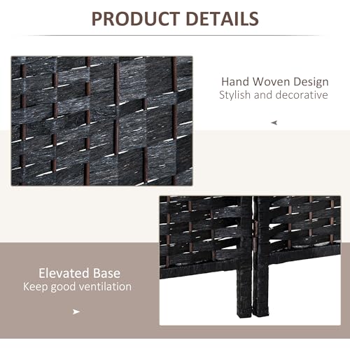 HOMCOM Room Divider 4-Panel, 6FT-Tall Folding Privacy Screen, Black | Freestanding Partition, Hand-Woven Design, for Room Separation, 360° Hinges, Paper Rope Diamond Weave - color: Black, size: 4 Panel