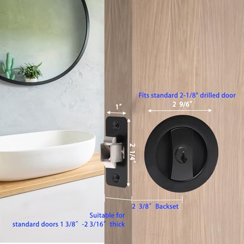 Dontay Pocket Door Keyed Lock, Round Contemporary Entrance Sliding Barn Door Lock Latch, Recessed 2 Sided, 2-3/8 inch Backset, Flush Handles Hardware(Matte Black,2) - color: Matte Black