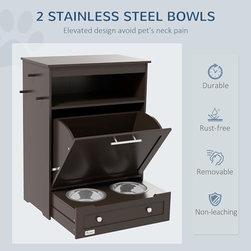 PawHut Dog Feeding Station with Raised Bowls, Pet Feeder Station, Brown | Dog Food Storage Cabinet, Hanger for Feeding & Watering Supplies - color: Coffee