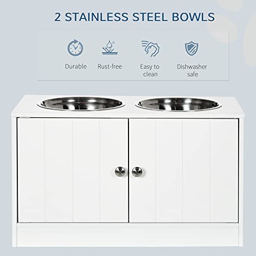 PawHut Large Elevated Dog Bowls with Storage Cabinet Containing Large 44L Capacity, Raised Dog Bowl Stand Pet Food Bowl Pet Feeding Station, White | Raised Dog Bowl Stand, Pet Feeding Station - color: White