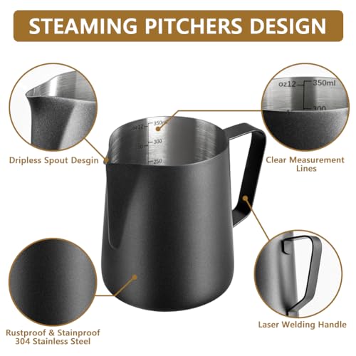 Frothing Milk Pitcher, 12 oz/350 ml Stainless Steel Frothing Milk Jug with Latte Art Pen,with Internal Measurements, for Cappuccino, Espresso and More - color: Black