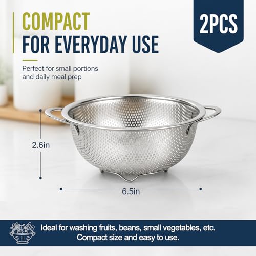 Palksky Small Colander Set of 2, 800 mL / 0.85 Qt Stainless Steel Mini Colanders with Riveted Handles, Footed Base & Micro-Perforations, Berry Wash Bowl for Berries, Fruits, Vegetables & Pasta - color: Small Colander 2 PCS