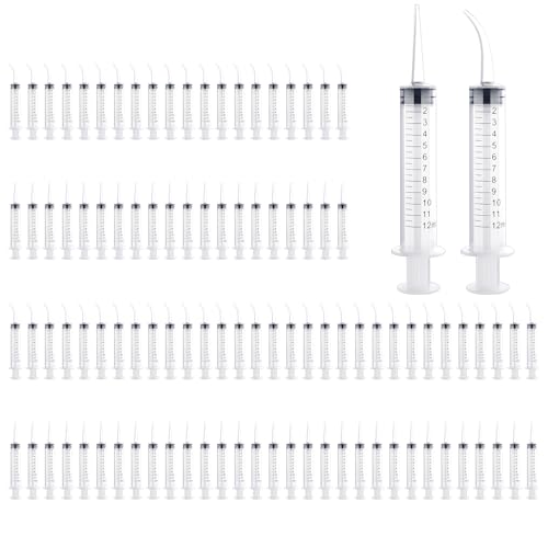 100 Pcs Dental Syringe with Curved Tip and Straight Tip ,12ml Disposable Irrigation Syringe with Measure Scale for Liquid, Oral Dental Care, Tonsil Stones Removing, Feed Small Pet,Lab