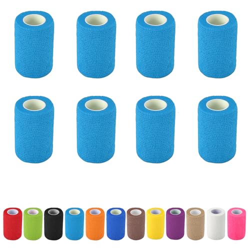 8 Pack Self Adhesive Bandage Wrap, 3 in x 5 Yards Vet Wrap Tape, Blue | Non-Woven Self Adherent Cohesive Bandage for Thumb, Finger, Wrist, Knee, Ankle - color: Blue