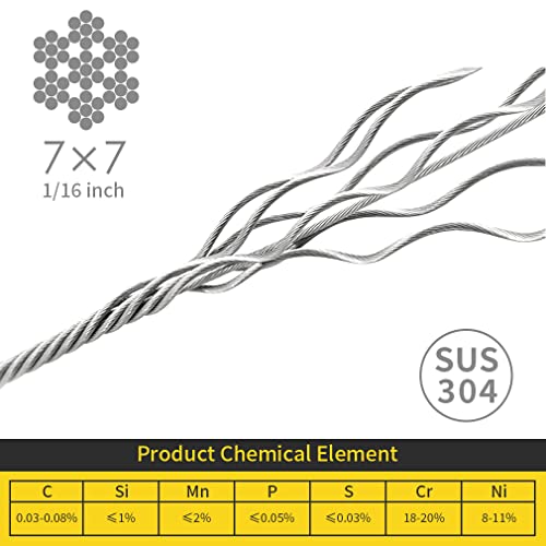 1/16 Wire Rope, 200FT 304 Stainless Steel Cable with 100Pcs Crimp Sleeves, Aircraft Grade, 7x7 Strand, 368lbs Breaking Strength, for Garden Trellis, Clothesline, Railing,Trellis - size: 200 ft