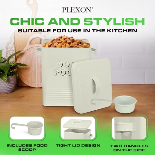 Plexon Metal Dog Food Storage Container with Scoop - Small Dog Food Container Holder Treat Jar Bin with Lid - Pet Chow Storage Canister Tin, 1.5 Gallon, 7 lbs, Off-White - color: Off-white, 1.5 Gall Capacity