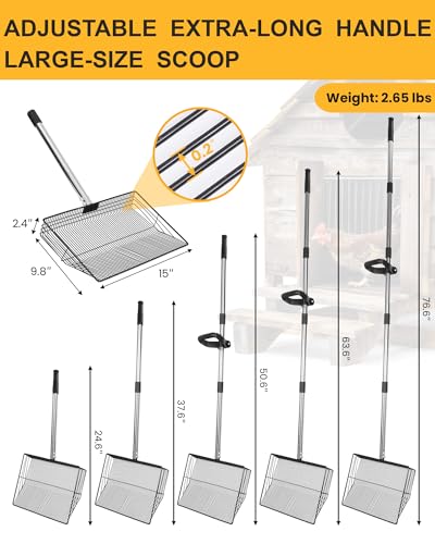 15" Extra Large Chicken Poop Scooper with Ergonomic Grip, Adjustable Length (24.6"–76.6"), Metal Sifting Shovel with Holes for Chicken Coop Cleaning, Multifunctional Chicken Manure Scoop