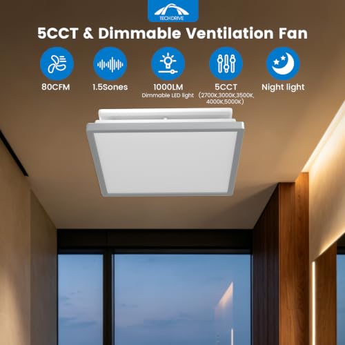 Tech Drive Modern Nickel Bathroom Fan with Light, 80CFM,1.5Sone | 1000lm Dimmable 5CCT LED Light Selectable, Quiet Ventilation fan with night light,Energy Star Certified - size: 80CFM with 5CCT Light (Brushed Nickel)