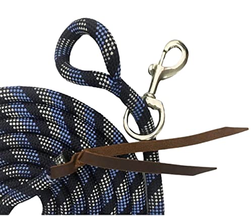 Majestic Ally 14' Pack of 2 Poly Training Lead Rope with Leather Popper for Horses & Livestock – 14 Foot Long and 5/8 inch Thick - Replaceable Heavy-Duty Bolt Snap (Navy-Blue-White) - color: Navy-Blue-White