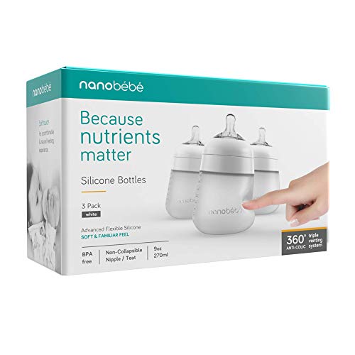 Nanobebe Flexy Silicone Baby Bottle, Anti-Colic, Natural Feel, Non-Collapsing Nipple, Non-Tip Stable Base, Easy to Clean, 3-Pack, White, 9oz - color: White, style: 9 Ounce 3-Pack